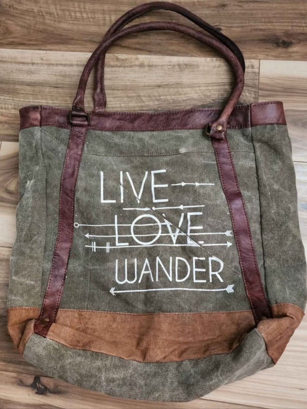 Live Love Wander Canvas Tote with Brown Trim